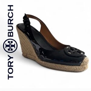 Tory Burch $250 Patent Leather Wedge Espadrilles Size 8.5 Black